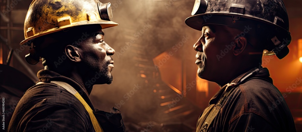 Two African miners in protective gear talk about coal quality at a coal mine.