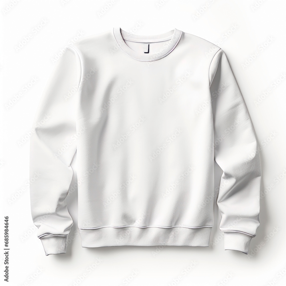 White color crew-neck sweatshirt lying flat and folded on top of a white background White color crew-neck sweatshirt lying flat and folded on top of a white background