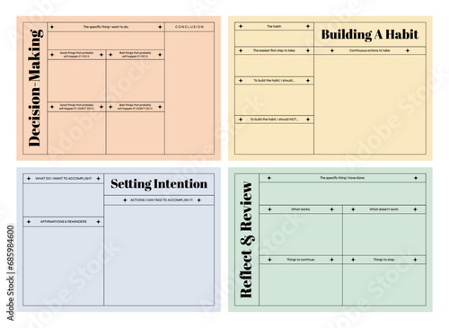 Set of printable vector reflection, habit, intention, manifestation planner template for journaling