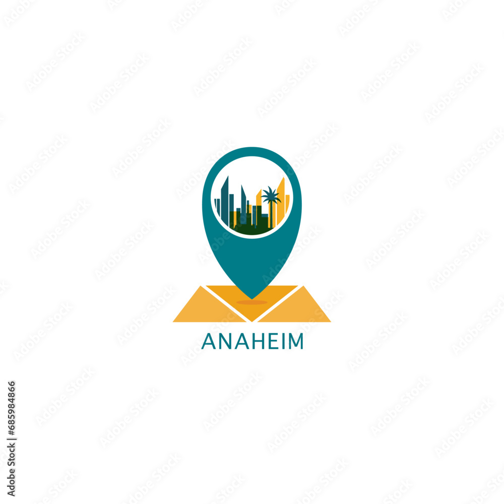 US Anaheim city map pin point, geolocation icon, skyline shaped vector logo, isolated illustration. USA California state emblem concept with landmarks and buildings US Anaheim city map pin point, geolocation icon, skyline shaped vector logo, isolated illustration. USA California state emblem concept with landmarks and buildings