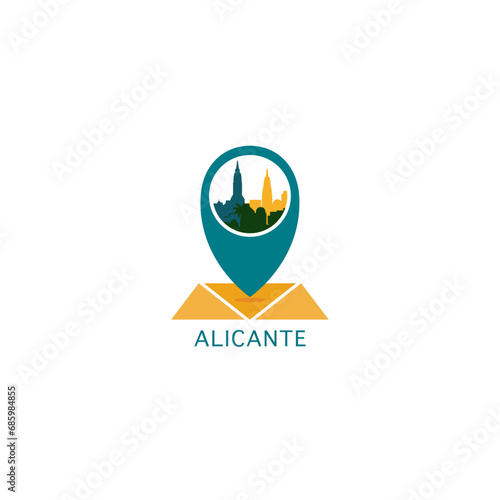 Alicante city map pin point, geolocation icon, skyline vector logo, isolated illustration. Spain emblem contour with landmarks and buildings