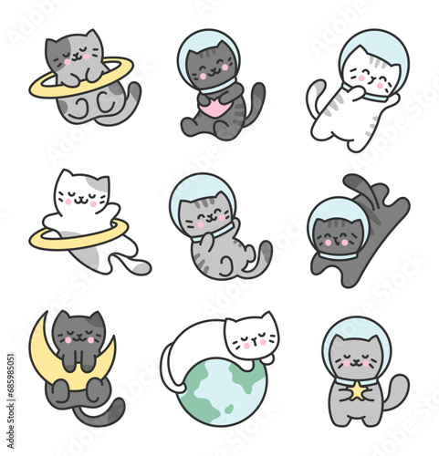 Kawaii space cute cat. Pet cartoon character. Kitten astronauts. Hand drawn style. Vector drawing. Collection of design elements.