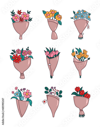 Floral bouquets, botanical set leaves, plants, flowers. Spring and blooming. Hand drawn style. Vector drawing. Collection of design elements.