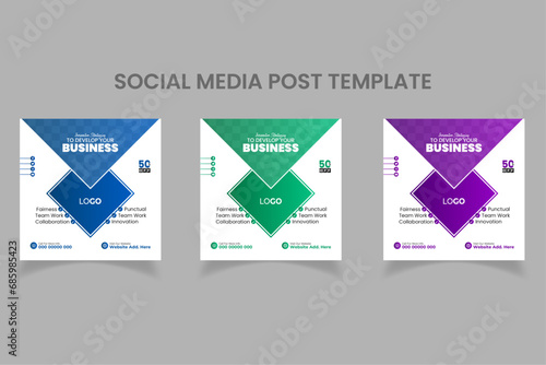 Modern geometric shapes business social media post template set | Blue, Green and Purple gradients (ID: 685985423)