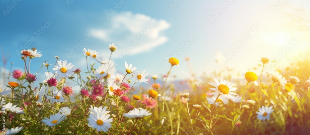The blooming flowers are beautiful, surrounded by green nature, open sky, and shining sun.