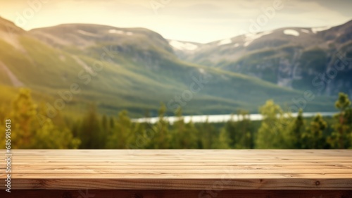 The empty wooden brown table top with blur background of Norway nature landscape. Exuberant image. generative AI