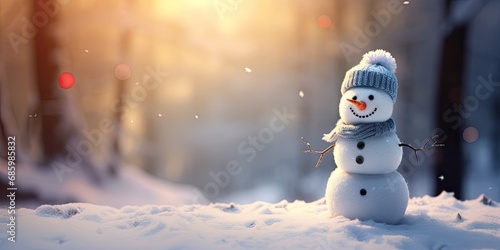Winter wonderland. Adorable snowman in festive christmas scene. Snowy delight. Cute celebrating joy of holidays. Seasonal greetings. Happy enjoying © Bussakon