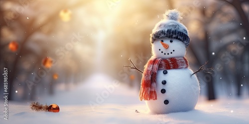 Winter wonderland. Adorable snowman in festive christmas scene. Snowy delight. Cute celebrating joy of holidays. Seasonal greetings. Happy enjoying © Bussakon