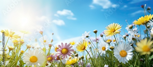 The blue and yellow flowers bloom beautifully in the green surroundings with a sunny sky.