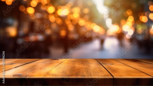 The empty wooden table top with blur background of outdoor cafe at the street. Exuberant image. generative ai