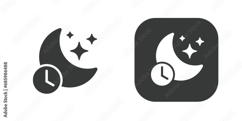 Sleep time night mode simple icon graphic vector set, nighttime bedtime black white pictogram shape silhouette, do not disturb silence status moon crescent with clock symbol glyph image clipart - obrazy, fototapety, plakaty 
