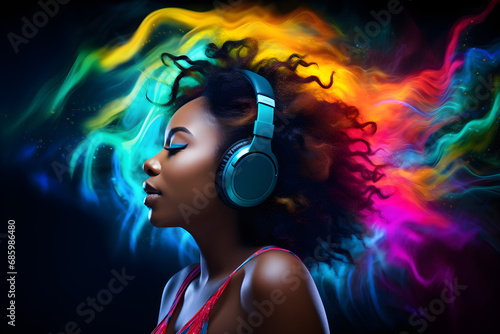 African woman wearing headphones, enjoying music flow, feeling emotions in vibrant colour vibes, colourful dynamic sound waves and abstract digital light effects covering her hair on black background