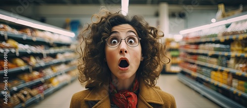 Shocked woman in supermarket due to price increase and inflation.