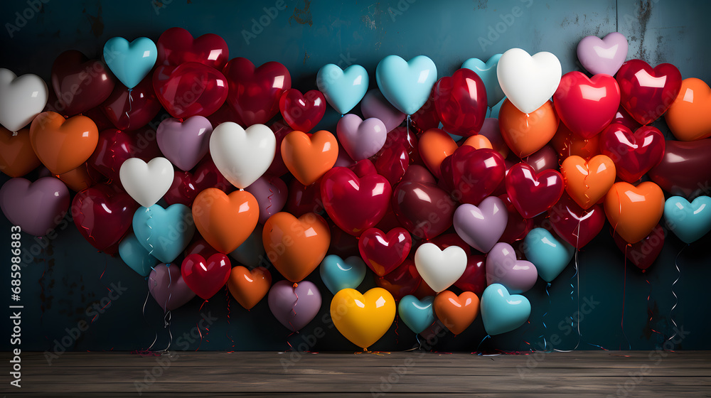Wall covered with heart balloons. Background with heart shaped balloons. E-commerce. Mother's Day and Valentine's concept. Romantic background.