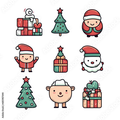 Set of small cute christmas decoration character  minimalist stickers  line drawing  isolated on transparent background  genrative AI