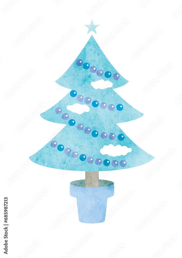 Fototapeta premium 水彩タッチの手描き風クリスマスツリーのイラスト（ブルー）