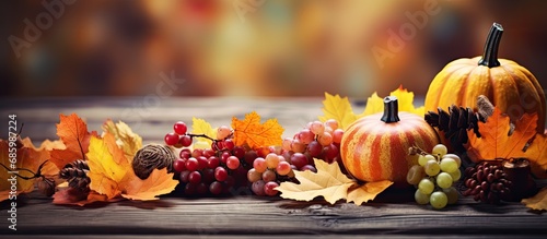Thanksgiving concept with vintage table setting on wooden table  featuring autumnal background of fallen leaves and fruits.