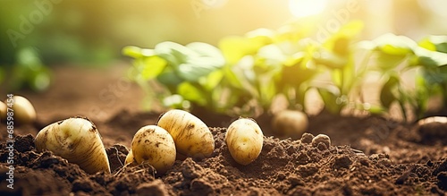 Organic agriculture: Farming potatoes by sowing seeds in garden soil.