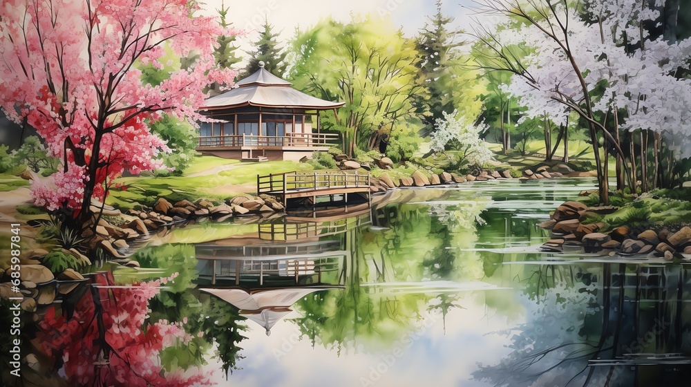 watercolor painting of Japanese garden with pond bridge and traditional temple