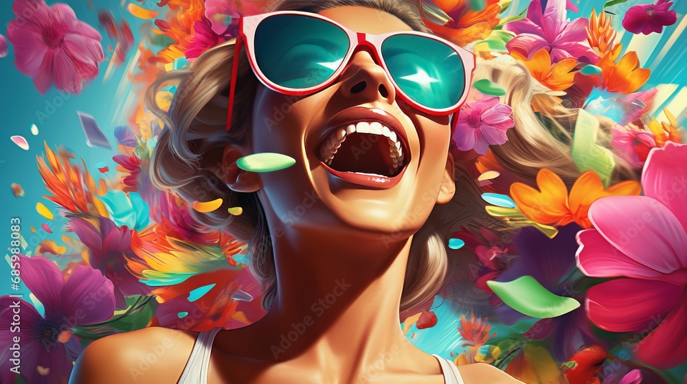 Radiant Blonde Woman with Stylish Sunglasses Poses Joyfully Against Vibrant Floral Backdrop
