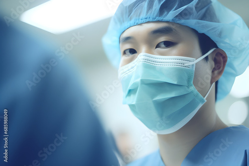 close up portrait of Asian surgeon in emergency room performing surgery