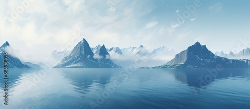 Norwegian island with mountains, sea, foggy coastline.
