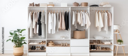 White room with built-in wardrobe for hanging clothes and storing shoes and accessories. photo