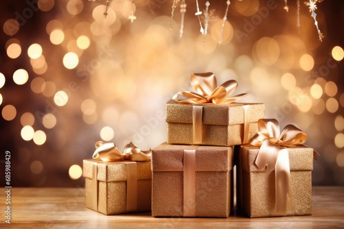 Christmas golden gifts on table blur bokeh background