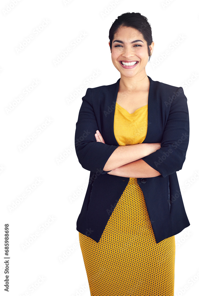 Businesswoman, smile and portrait with arms crossed for professional, consultant and corporate career. Young person, happy face or pride in fashion style or isolated on transparent png background - obrazy, fototapety, plakaty 