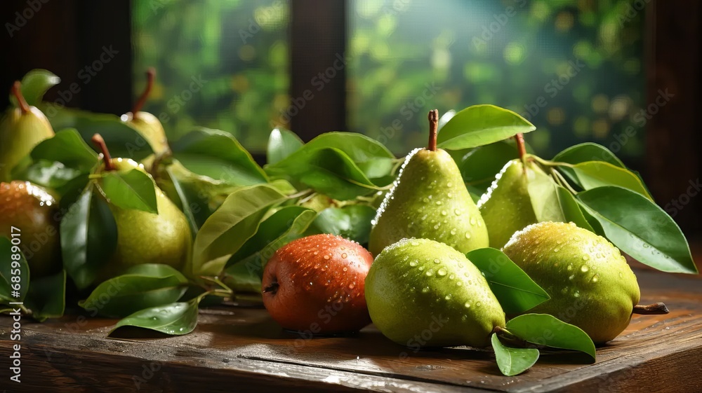 Fresh pears with leaves on a wooden table