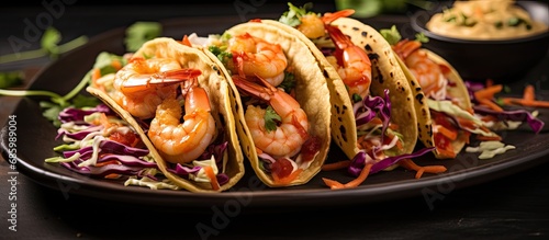Spicy shrimp tacos with coleslaw and salsa made at home.