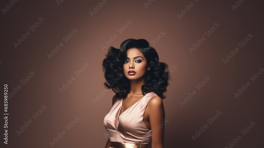 Beautiful indian woman with black hair hating the hair. Beautiful woman with long straight hair and a happy shy smile. Beauty and cosmetics skincare advertising.Brown background. Beautiful indian woman with black hair hating the hair. Beautiful woman with long straight hair and a happy shy smile. Beauty and cosmetics skincare advertising.Brown background.