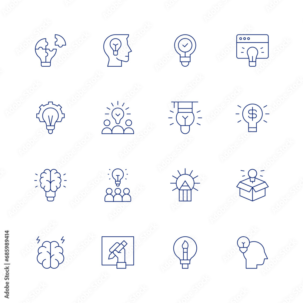 Creativity line icon set on transparent background with editable stroke. Containing idea, think outside the box, lightbulb, creativity, creative thinking, creative team, brainstorming, creative.