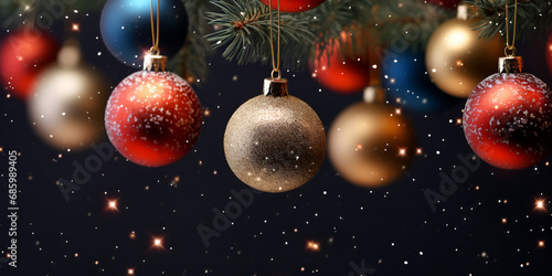  Color full Christmas tree hanging ball decorations on Christmas on blurred background with bokeh lights effect and falling snow   AI Generative 