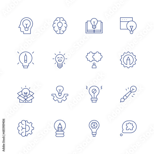 Creativity line icon set on transparent background with editable stroke. Containing idea, gear, solution, book, puzzle, no idea, creative thinking, creativity, creative, creative idea, brain, think.