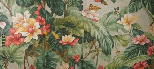 wallpaper jungle and leaves tropical forest mural parrot and birds butterflies old drawing vintage background - Generative AI photo