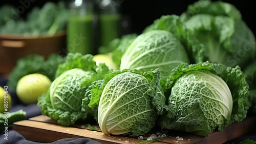 Fresh savoy cabbage on a wooden board