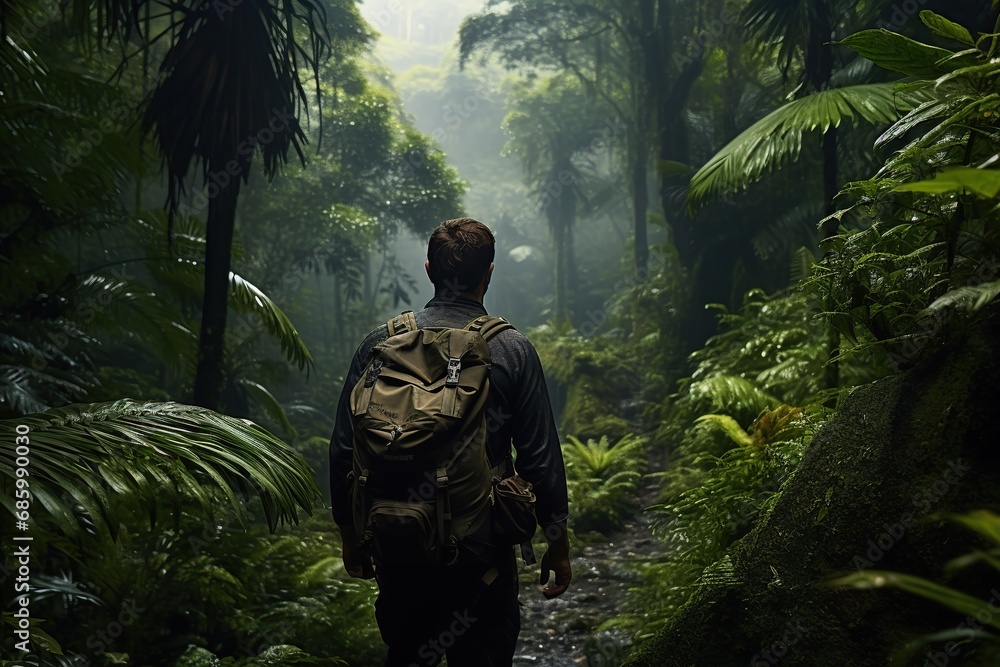 Adventurous Travel: Explorer Trekking through a Dense Jungle. Expedition Through the Jungle with Adventurous Group.