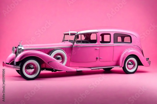 A Pink vintage car, isolated on a background of pink photo