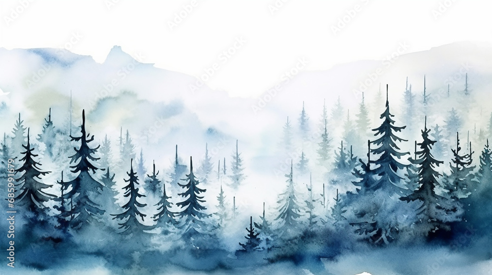 blue landscape of foggy forest winter hill. wild nature frozen misty taiga watercolor background