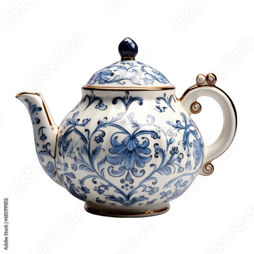 Blue and White Porcelain Teapot Isolated on Transparent or White Background, PNG
