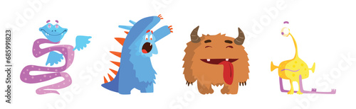 Funny Monster Character with Horn and Wing Vector Set