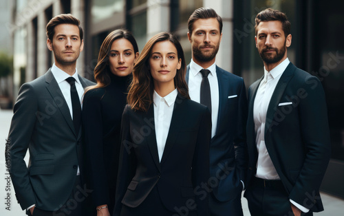 A group of modern elegant work professionals in a sophisticated corporate setting