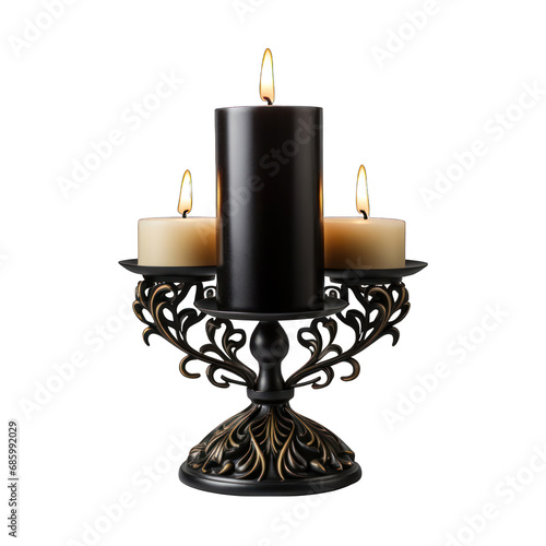 Black Wrought Iron Candle Holder Isolated on Transparent or White Background, PNG