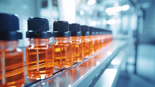 Medical bottles close-up. Production of medicines in ampoules