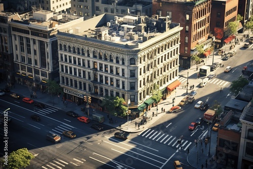 Aerial View of Downtown Buildings and Busy Streets. Looking Down at a Busy City Street. drone view of busy city center with aerial shots of the bustling streets and buildings.