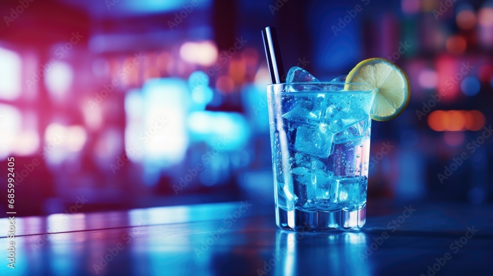 Alcoholic cocktail with ice and a slice of lime on the bar counter Alcoholic cocktail with ice and a slice of lime on the bar counter