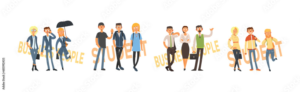 Happy Man and Woman Office Worker in Formal Wear and Student in Casual Clothing Vector Set