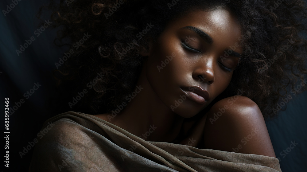 Calm gentle beautiful young African American woman hugging herself. Femininity, female psychology Calm gentle beautiful young African American woman hugging herself. Femininity, female psychology