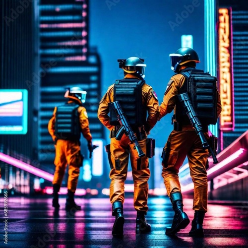 Cyberpunk soldiers patrolling a megacity